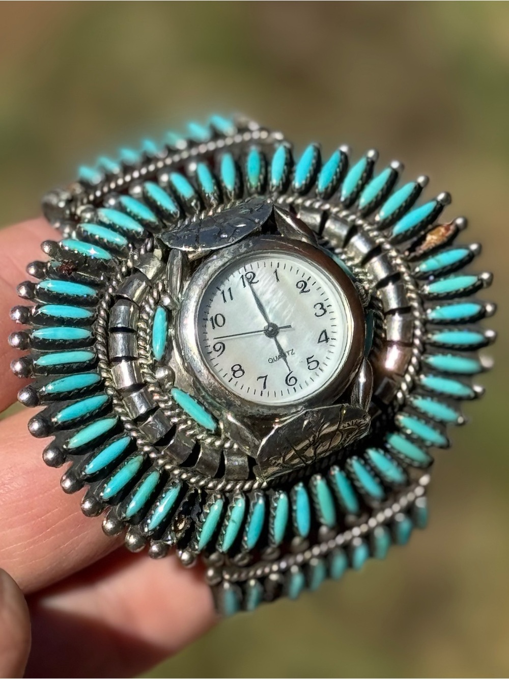 Navajo Needlepoint Sterling Silver and Turquoise Watch Cuff Bracelet